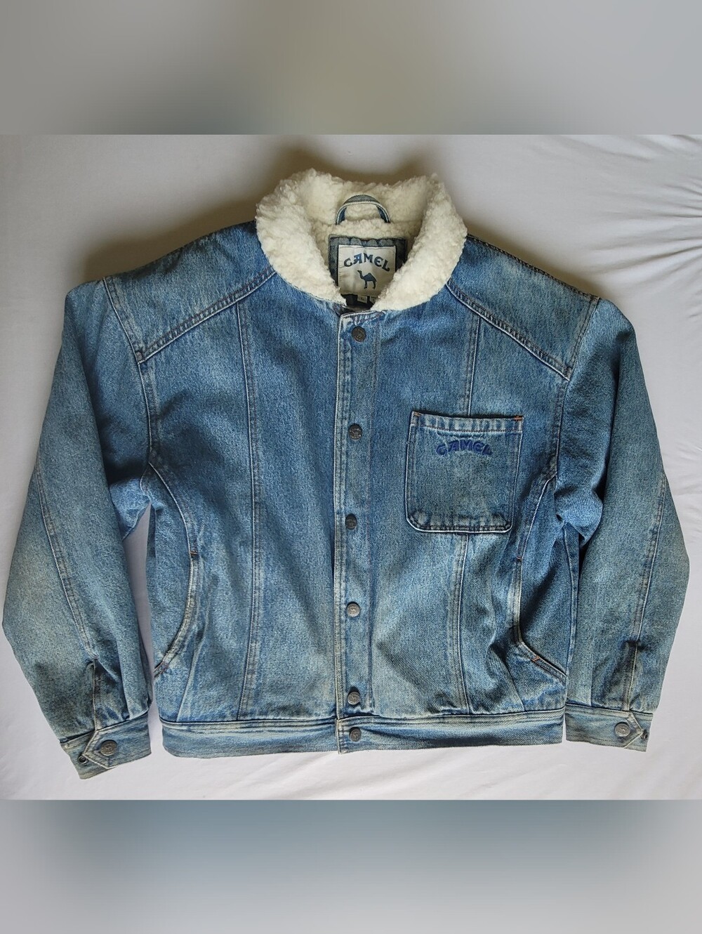 Vintage 90s Camel Cigarettes Denim Sherpa Lined Jacket Men’s Lg Blue Jean Chore
